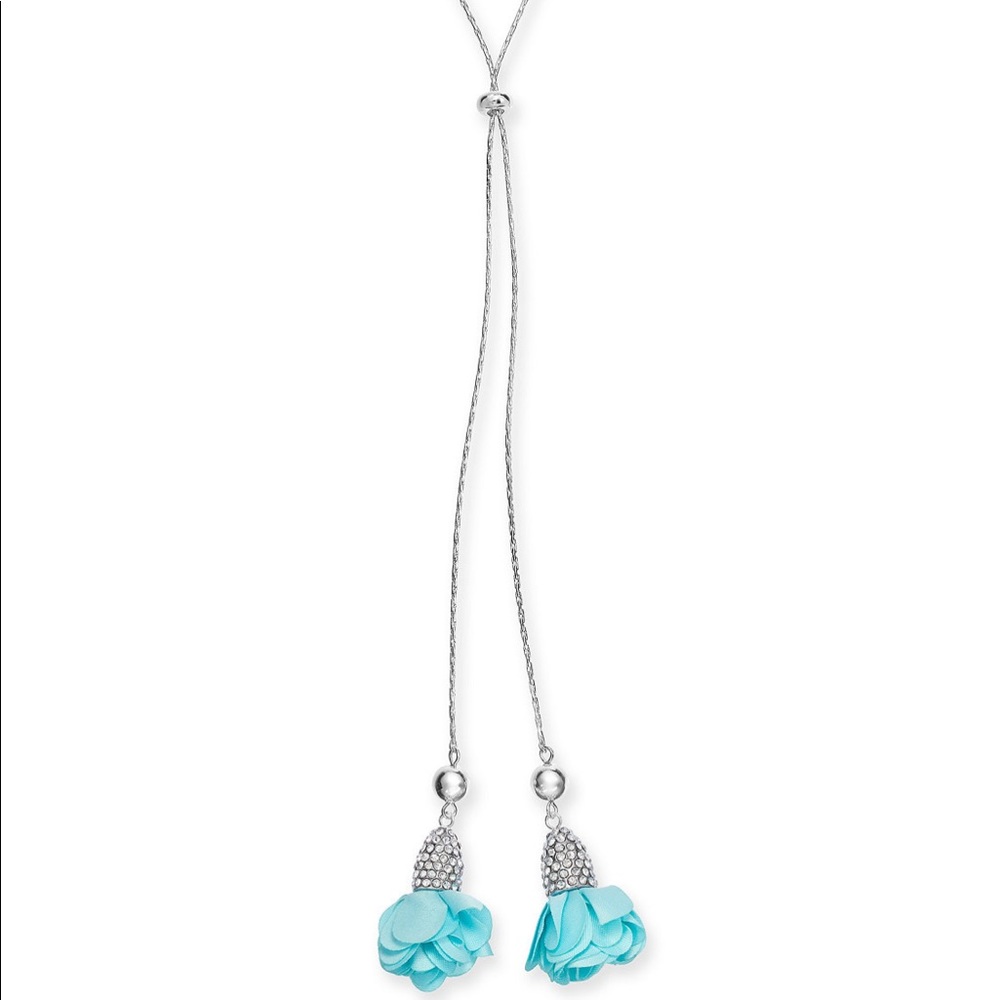 Aqua fabric flower silver tone 37” lariat necklace